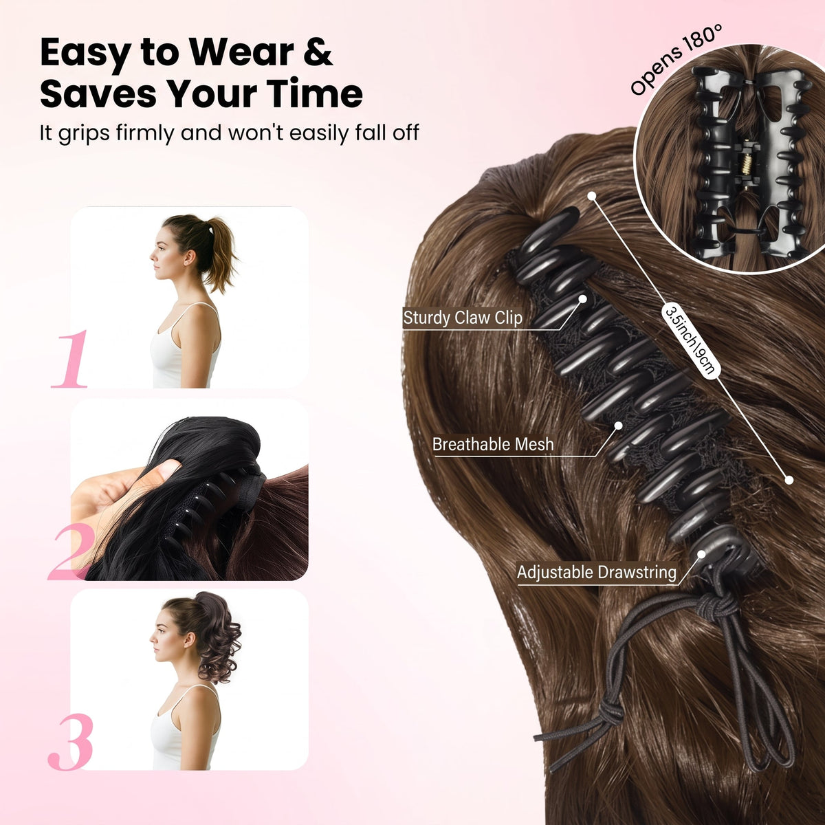 Retro Short Curly Ponytail Extension with Claw Clip, Voluminous Wavy Hair Piece