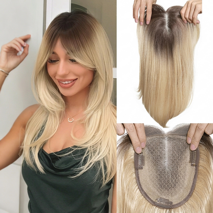 14" Lace Front Short Straight Hair Topper – Invisible Seamless Center Part Hairpiece