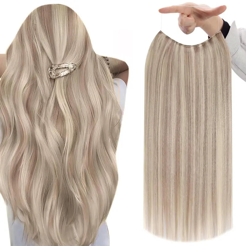 Secure Fit Hybrid Halo Hair Extensions - Non-Slip Clips & Invisible Wire, Seamless Natural Synthetic Fiber for Instant Volume & Thickness