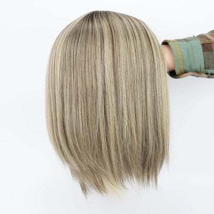 14 inch Wig for Women #Q8 Blonde Mix Highlight Rooted Human Hair Wig