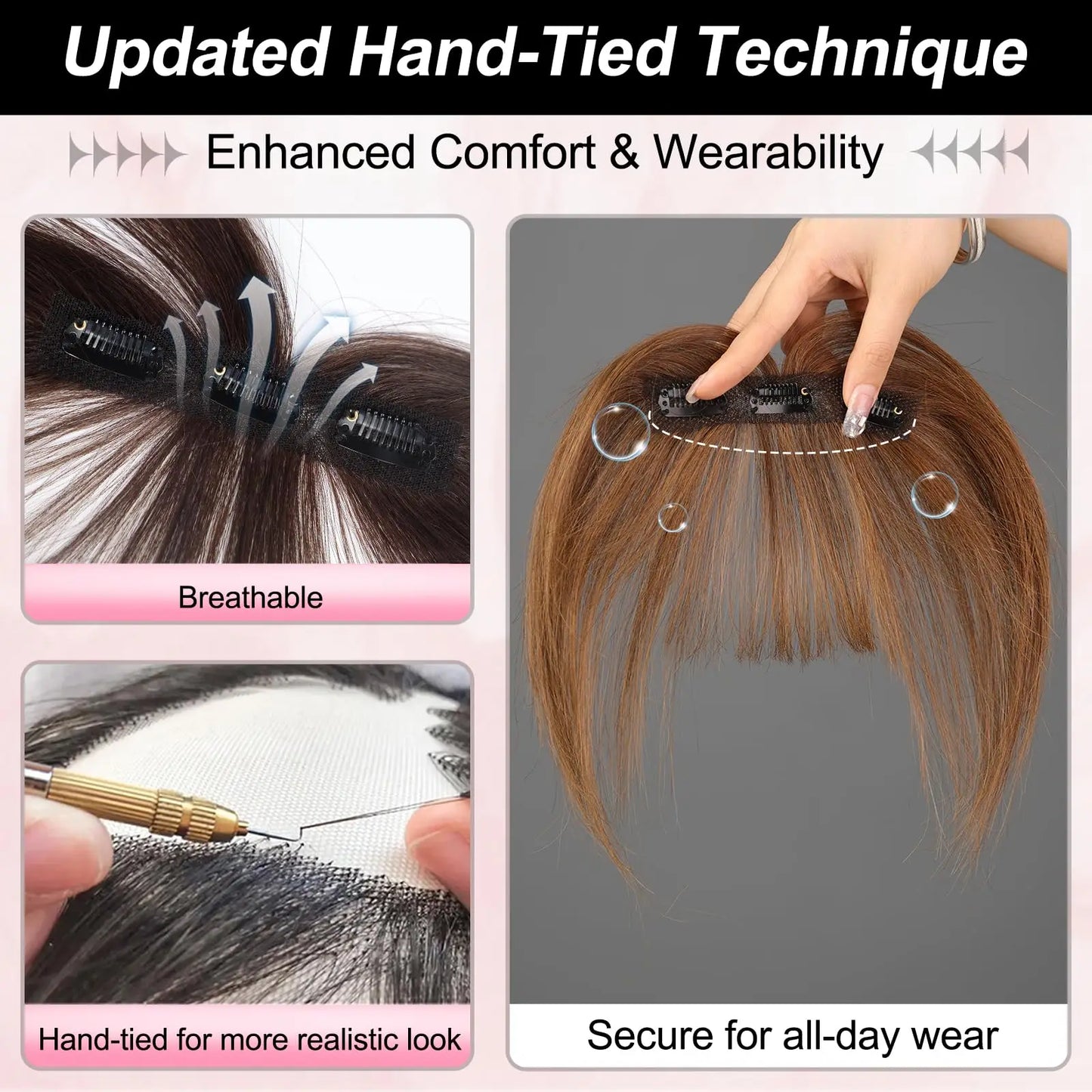 100% Real Human Hair Bangs 3 Secure Clips in Remy Hair Extensions for Woman 360° Full Coverage Natural Air Bangs with Temples
