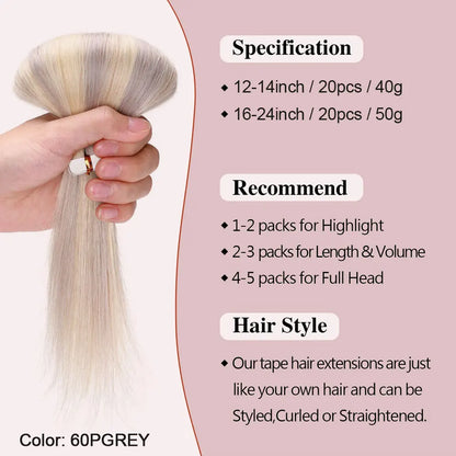 Tape in Hair Extensions 100% Real Human Hair Seamless Skin Wefts Tape in Hair Extensions For Women Highlight 20pcs 50g