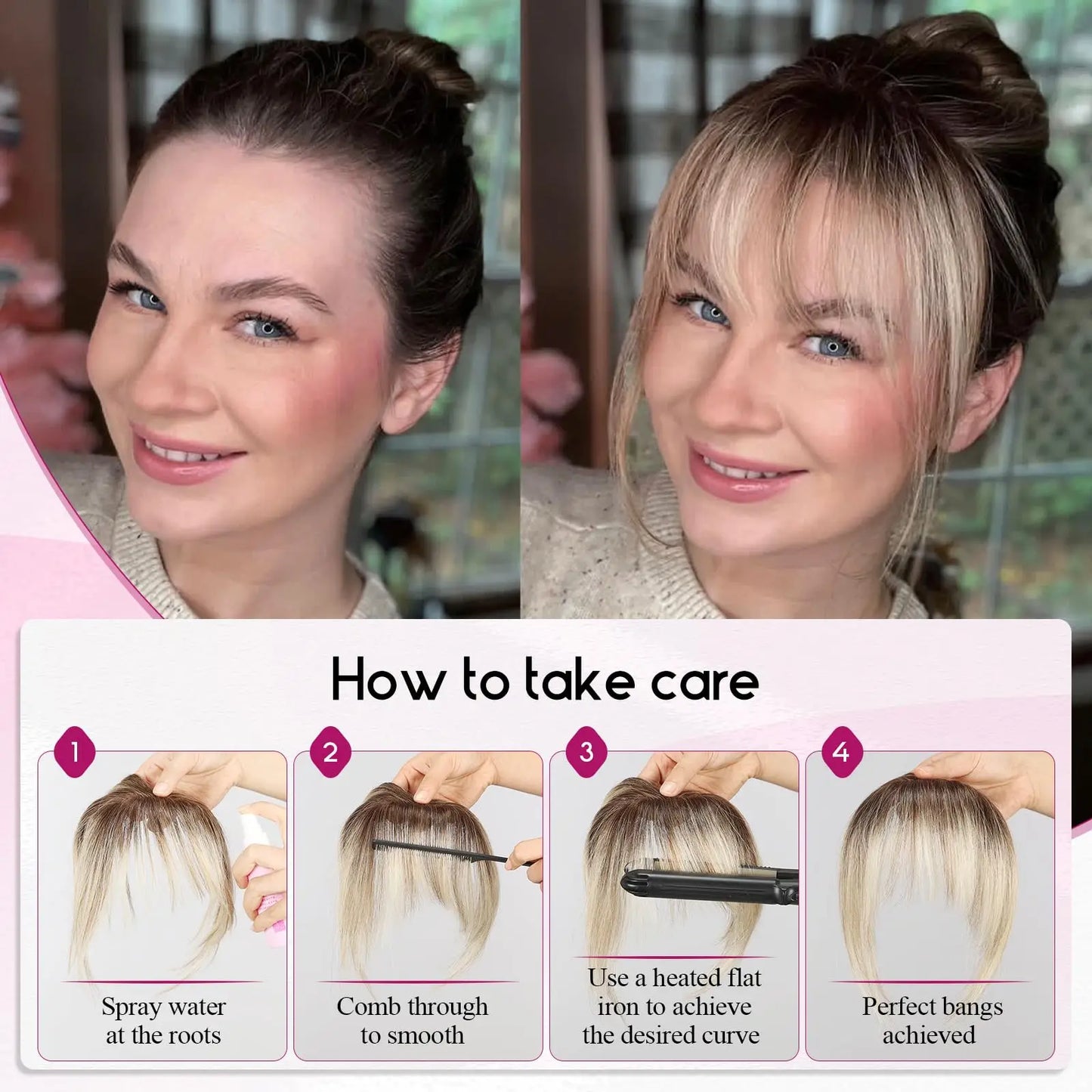 100% Real Human Hair Bangs 3 Secure Clips in Remy Hair Extensions for Woman 360° Full Coverage Natural Air Bangs with Temples