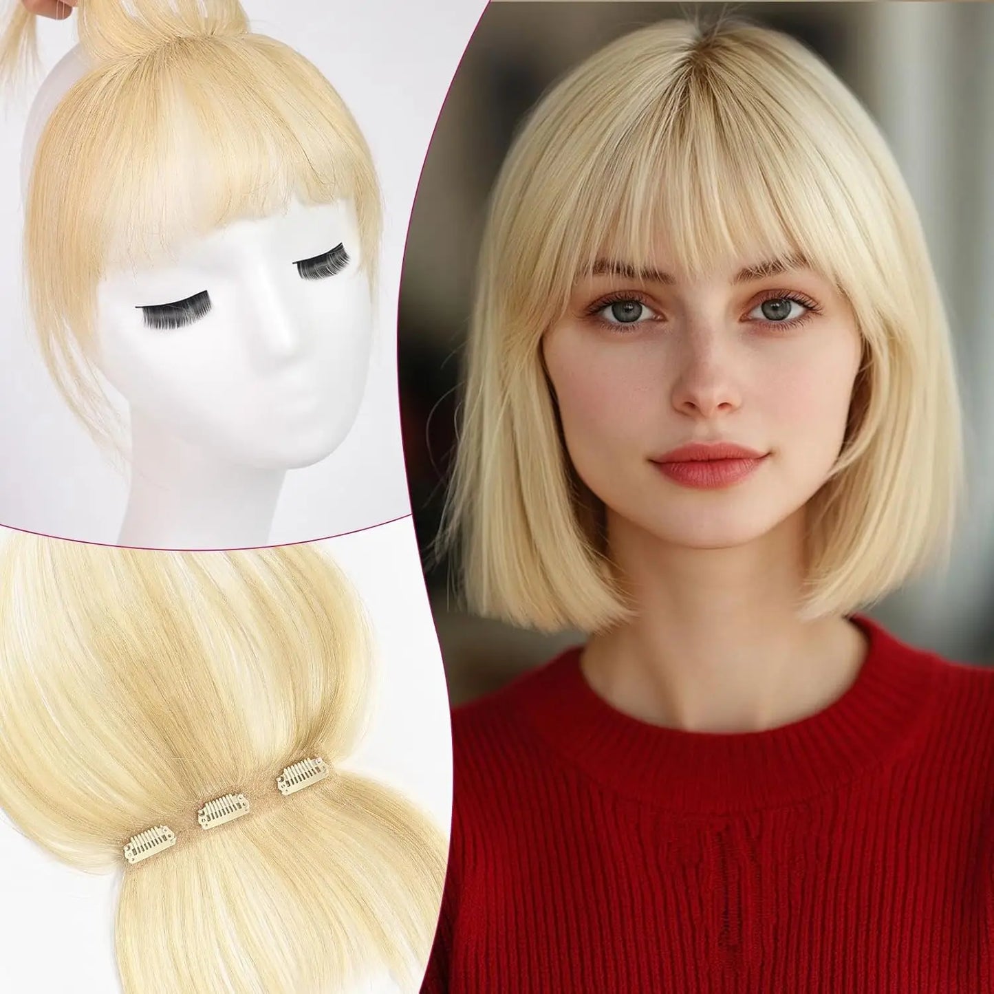 100% Real Human Hair Bangs 3 Secure Clips in Remy Hair Extensions for Woman 360° Full Coverage Natural Air Bangs with Temples
