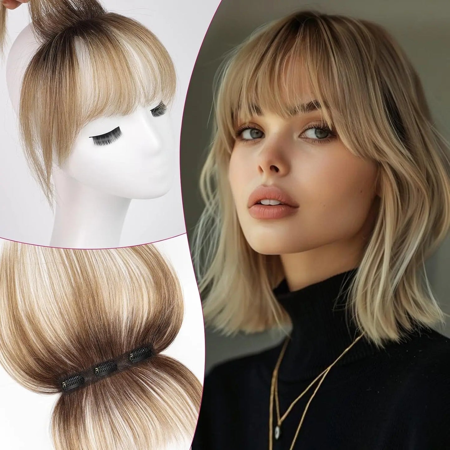 100% Real Human Hair Bangs 3 Secure Clips in Remy Hair Extensions for Woman 360° Full Coverage Natural Air Bangs with Temples