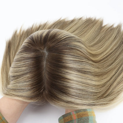 14 inch Wig for Women #Q8 Blonde Mix Highlight Rooted Human Hair Wig