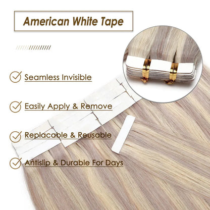 Tape in Hair Extensions 100% Real Human Hair Seamless Skin Wefts Tape in Hair Extensions For Women Highlight 20pcs 50g