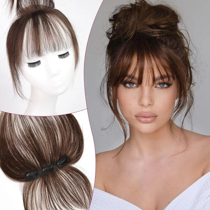 100% Real Human Hair Bangs 3 Secure Clips in Remy Hair Extensions for Woman 360° Full Coverage Natural Air Bangs with Temples