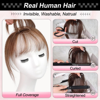 100% Real Human Hair Bangs 3 Secure Clips in Remy Hair Extensions for Woman 360° Full Coverage Natural Air Bangs with Temples