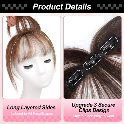 100% Real Human Hair Bangs 3 Secure Clips in Remy Hair Extensions for Woman 360° Full Coverage Natural Air Bangs with Temples