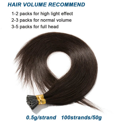 100 Strands I Tip Hair Extensions Straight Pre Bonded Stick I Tip Human Hair Keratin Cold Fusion Hair Extensions 50g
