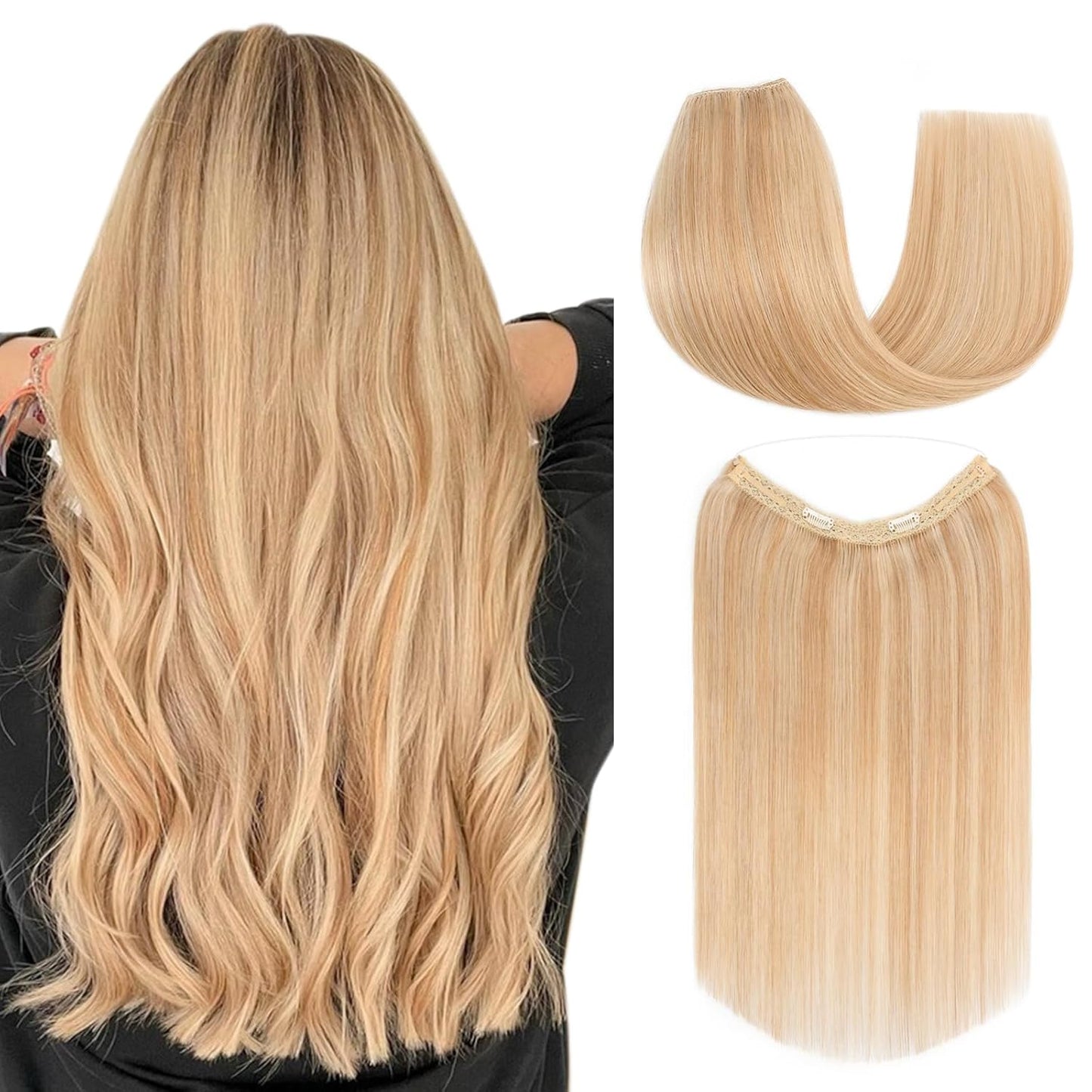 Secure Fit Hybrid Halo Hair Extensions - Non-Slip Clips & Invisible Wire, Seamless Natural Synthetic Fiber for Instant Volume & Thickness