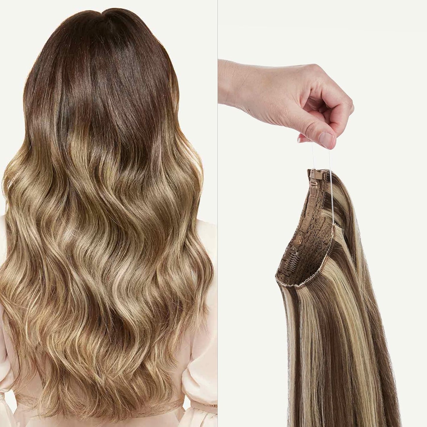 Secure Fit Hybrid Halo Hair Extensions - Non-Slip Clips & Invisible Wire, Seamless Natural Synthetic Fiber for Instant Volume & Thickness