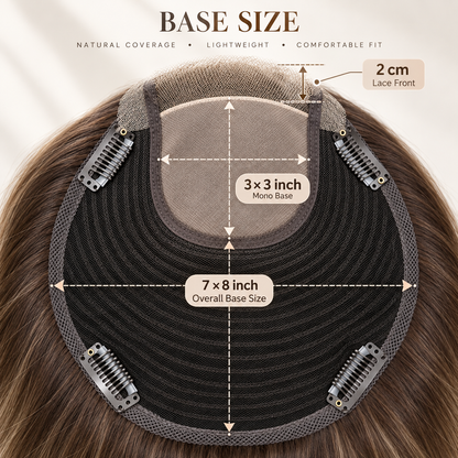 7"x8" Hand-Tied Human Hair Topper with Lace Front for Women, Large Base Crown Hairpiece