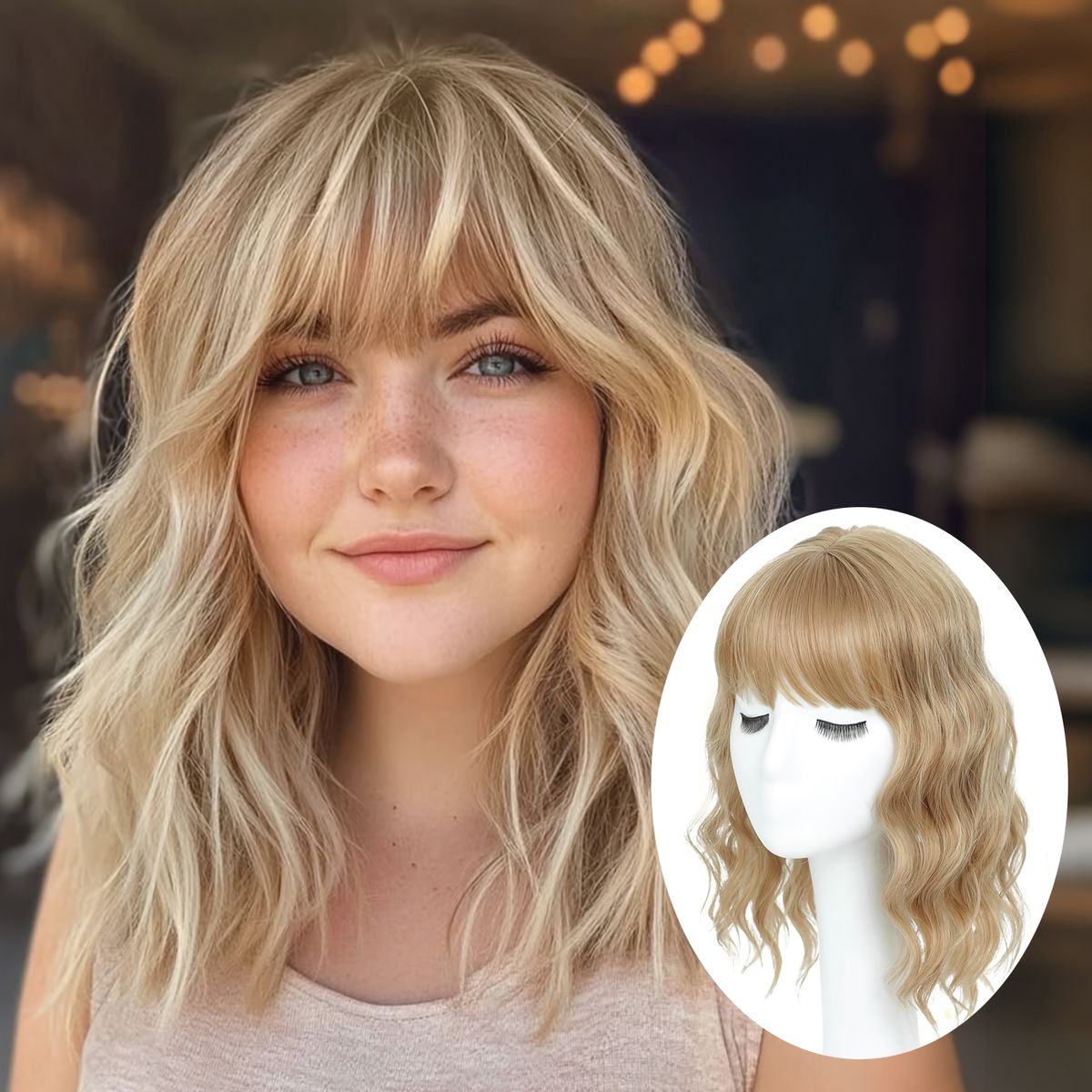Luxury & Undetectable Natural Wavy Hair Topper With Bangs for Thinning Hair