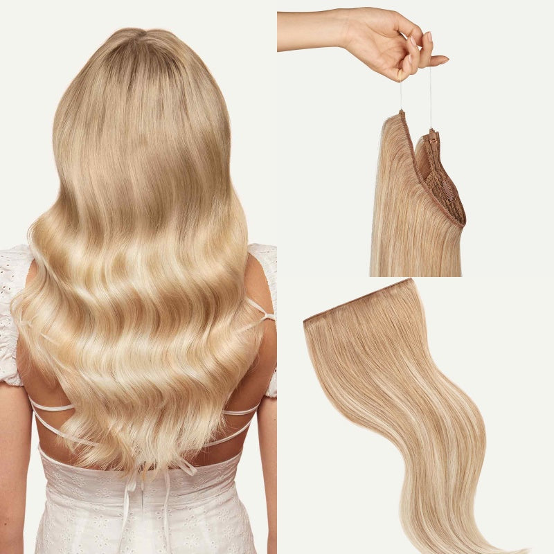 Secure Fit Hybrid Halo Hair Extensions - Non-Slip Clips & Invisible Wire, Seamless Natural Synthetic Fiber for Instant Volume & Thickness